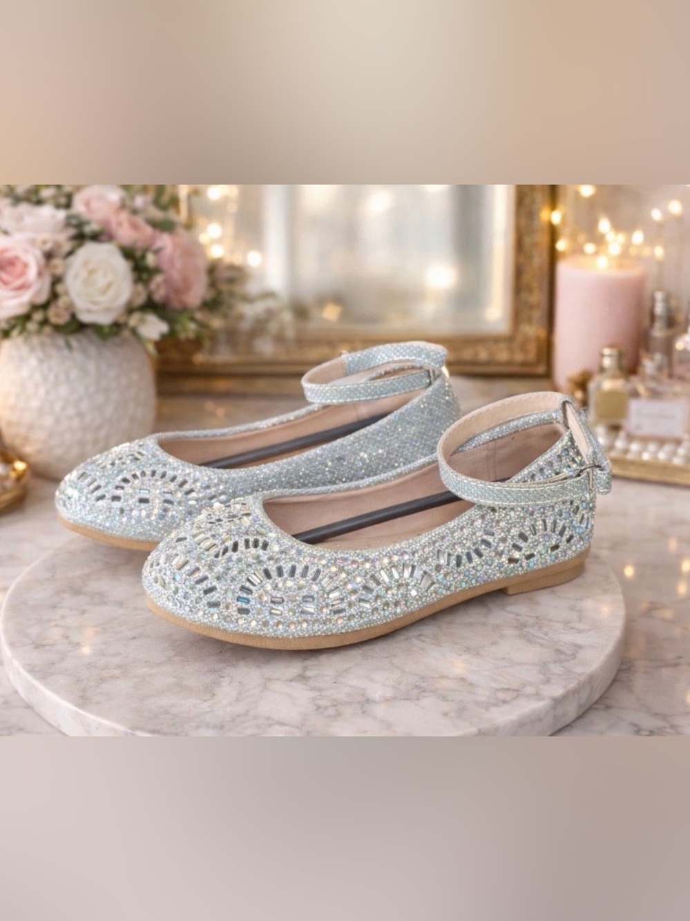 Girls' Size 8 Link Comfort Silver Rhinestone Flats with Ankle Strap